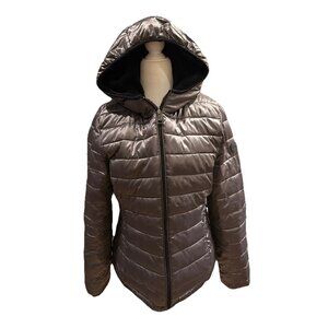 Andrew Marc Hooded Gray/Black Reversible Puffer Faux Fur Jacket Coat Sz L